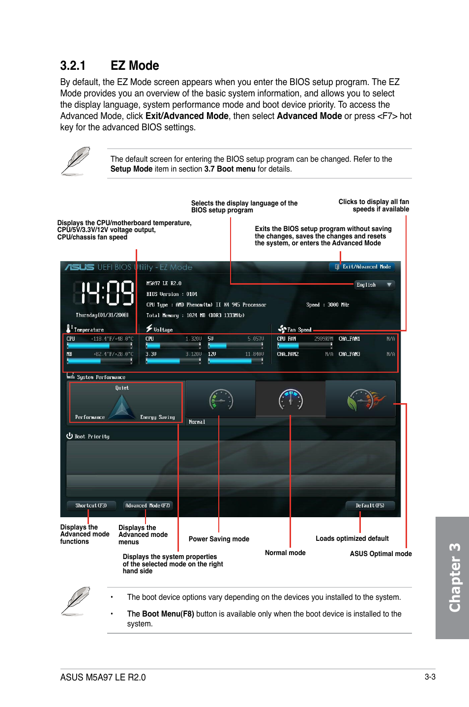 1 ez mode, Ez mode -3, Chapter 3 | Asus M5A97 LE R2.0 User Manual | Page 57 / 132