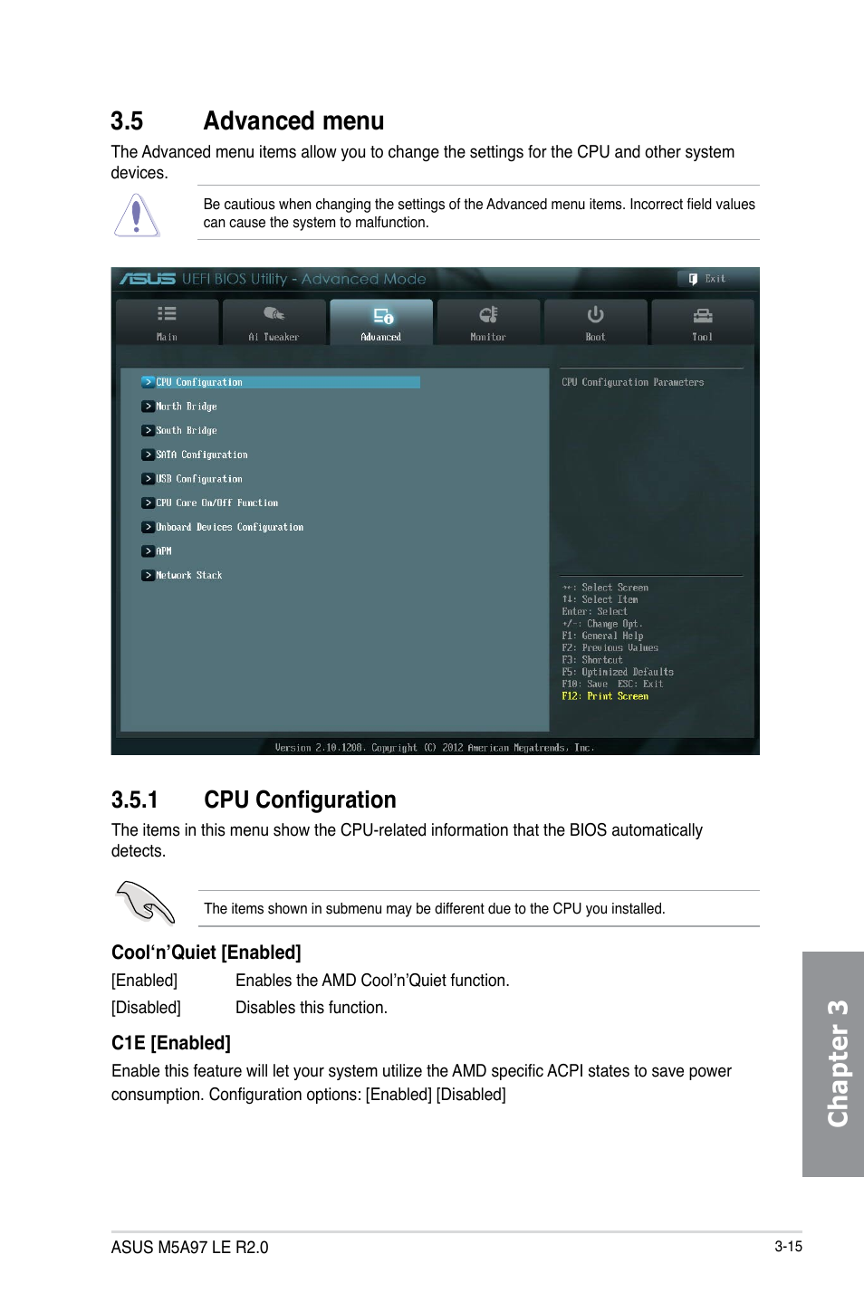 5 advanced menu, 1 cpu configuration, Advanced menu -15 3.5.1 | Cpu configuration -15, Chapter 3 | Asus M5A97 LE R2.0 User Manual | Page 69 / 132