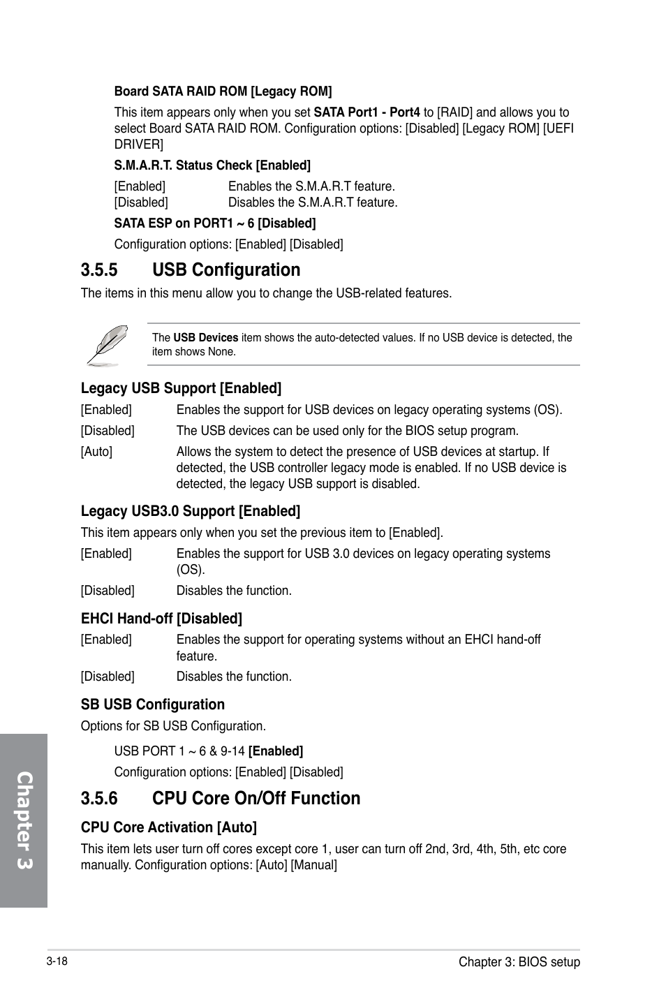 5 usb configuration, 6 cpu core on/off function, Usb configuration -18 | Cpu core on/off function -18, Chapter 3 | Asus M5A97 LE R2.0 User Manual | Page 72 / 132