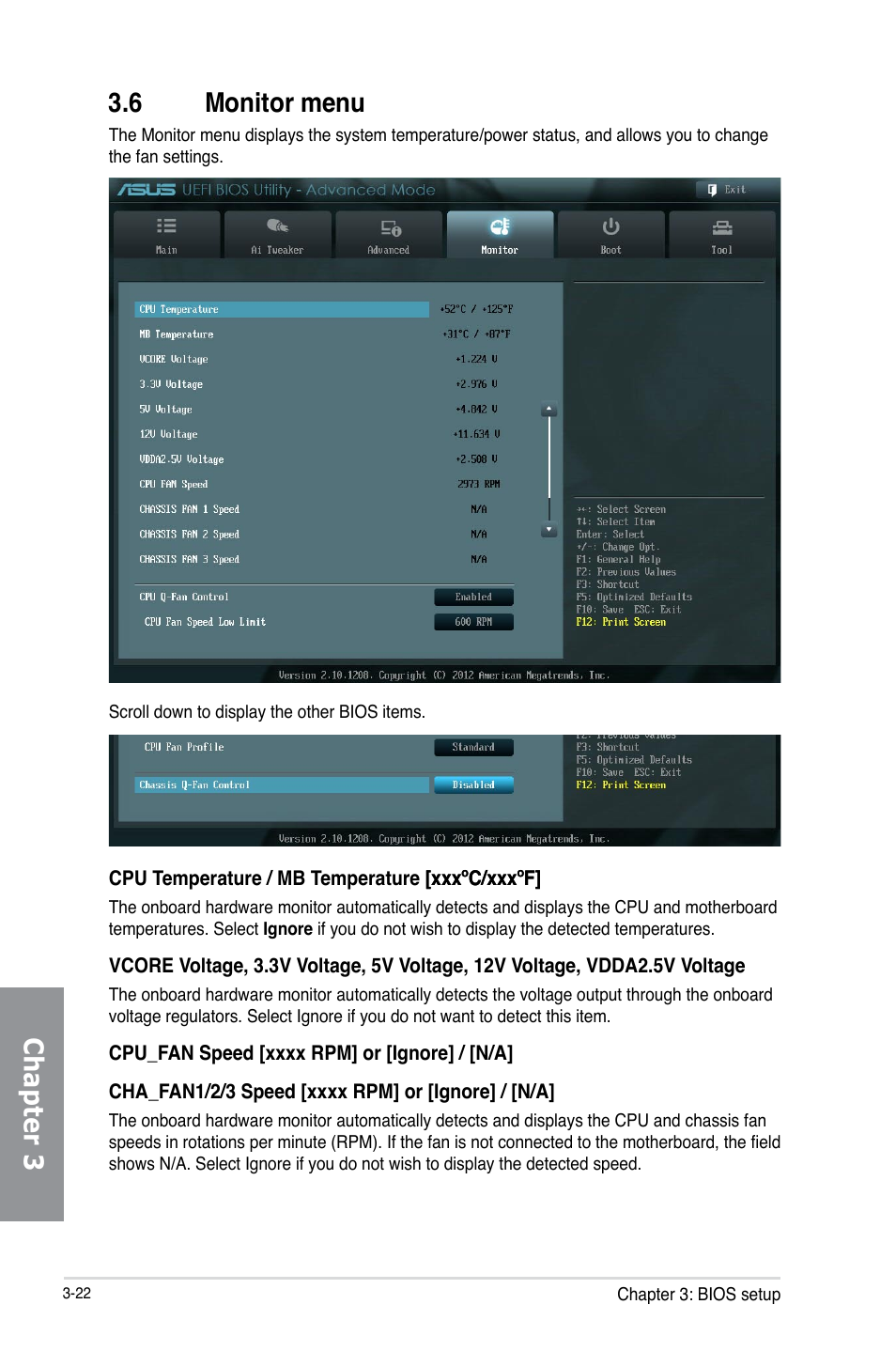 6 monitor menu, Monitor menu -22, Chapter 3 3.6 monitor menu | Asus M5A97 LE R2.0 User Manual | Page 76 / 132