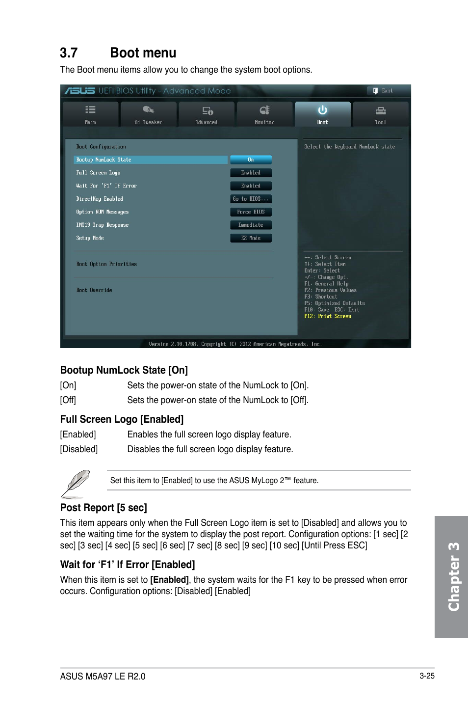 7 boot menu, Boot menu -25, Chapter 3 3.7 boot menu | Asus M5A97 LE R2.0 User Manual | Page 79 / 132