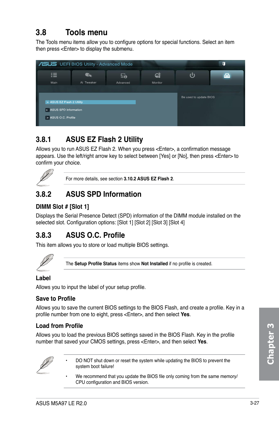 8 tools menu, 1 asus ez flash 2 utility, 2 asus spd information | 3 asus o.c. profile, Tools menu -27 3.8.1, Asus ez flash 2 utility -27, Asus spd information -27, Asus o.c. profile -27, Chapter 3 | Asus M5A97 LE R2.0 User Manual | Page 81 / 132