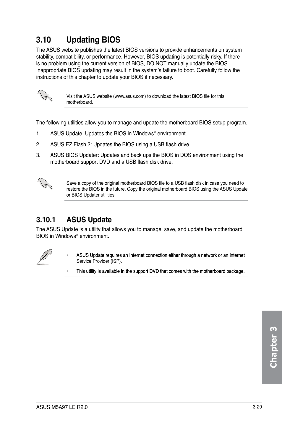 10 updating bios, 1 asus update, Updating bios -29 3.10.1 | Asus update -29, Chapter 3 3.10 updating bios | Asus M5A97 LE R2.0 User Manual | Page 83 / 132