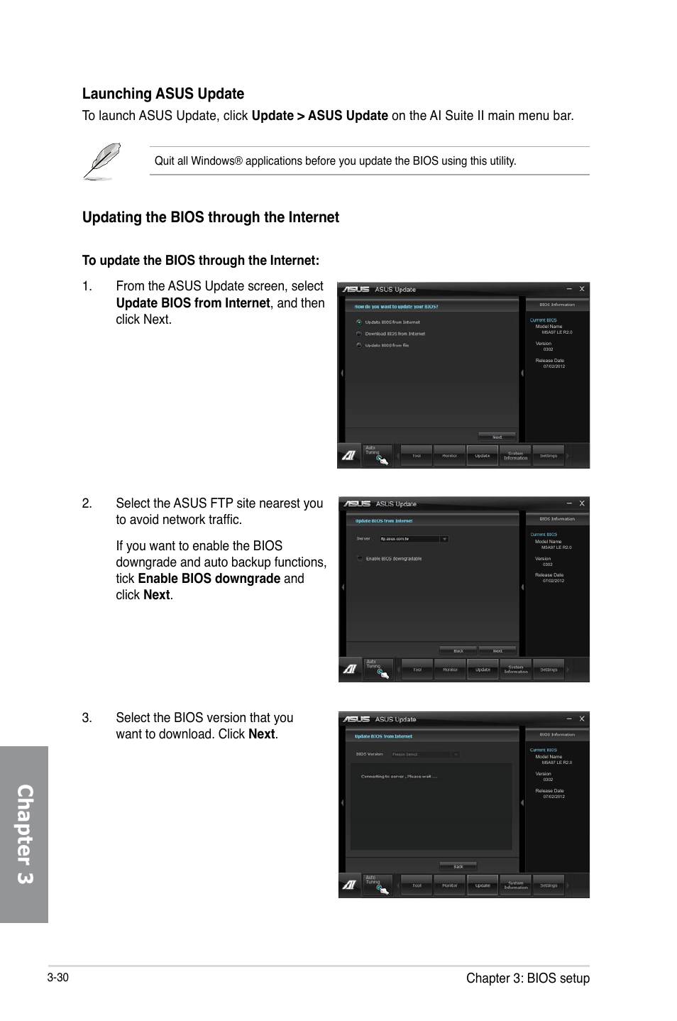 Chapter 3, Launching asus update, Updating the bios through the internet | Chapter 3: bios setup | Asus M5A97 LE R2.0 User Manual | Page 84 / 132