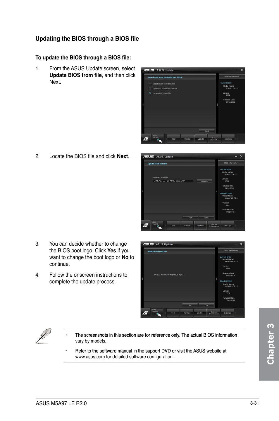 Chapter 3, Updating the bios through a bios file | Asus M5A97 LE R2.0 User Manual | Page 85 / 132