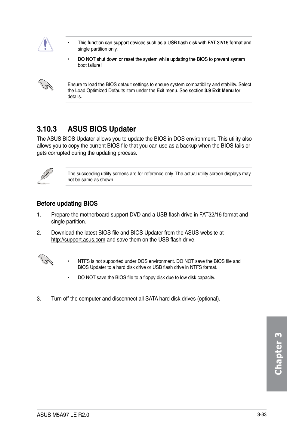 3 asus bios updater, Asus bios updater -33, Chapter 3 | Asus M5A97 LE R2.0 User Manual | Page 87 / 132