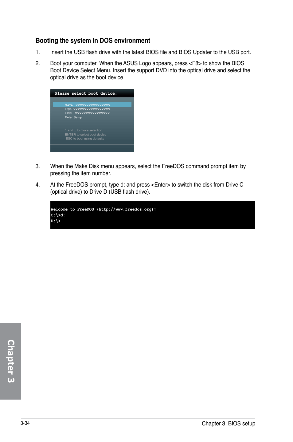 Chapter 3, Booting the system in dos environment, Chapter 3: bios setup | Asus M5A97 LE R2.0 User Manual | Page 88 / 132