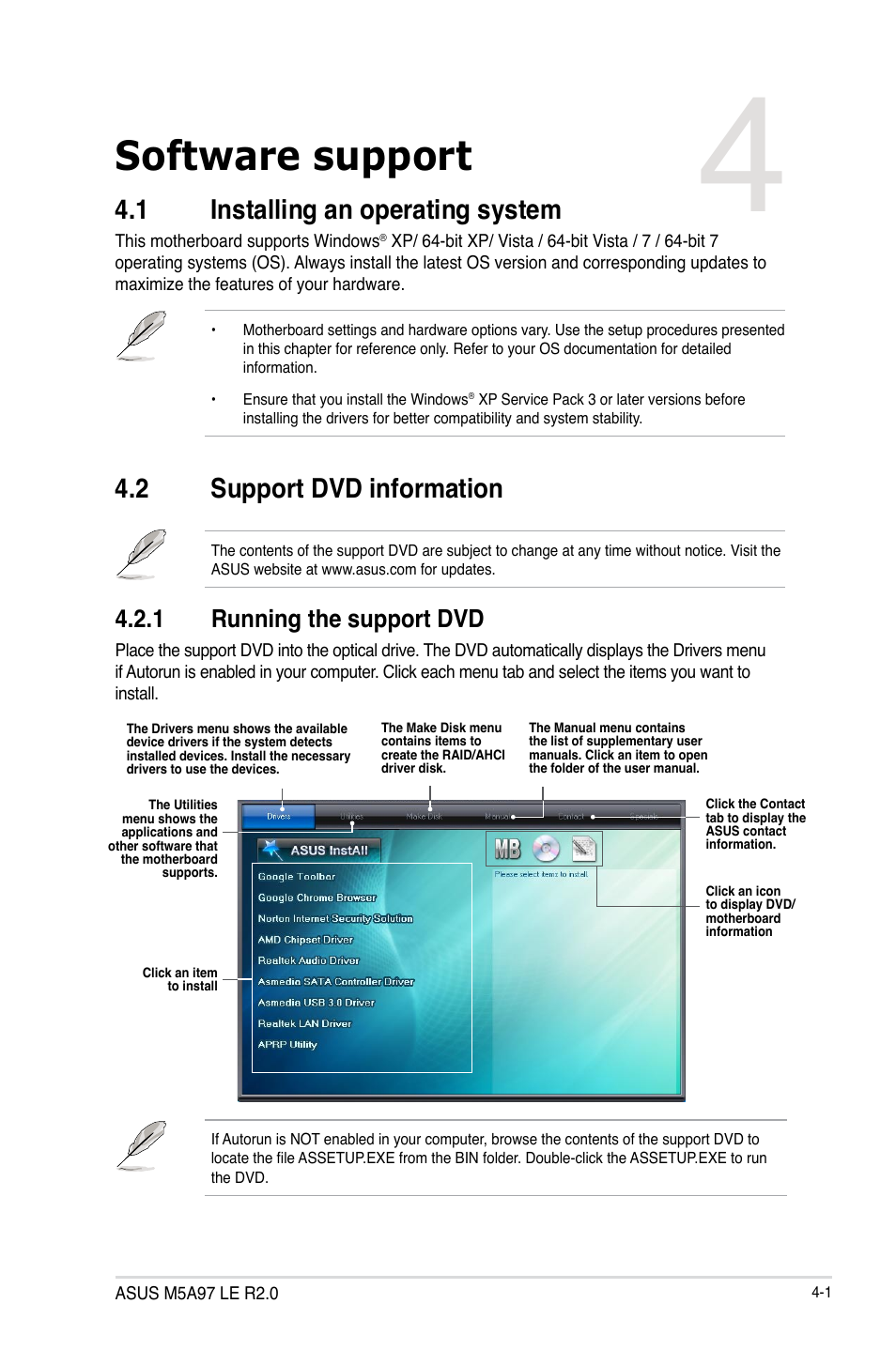 Software support, 1 installing an operating system, 2 support dvd information | 1 running the support dvd, Installing an operating system -1, Support dvd information -1 4.2.1, Running the support dvd -1, Chapter 4 | Asus M5A97 LE R2.0 User Manual | Page 91 / 132