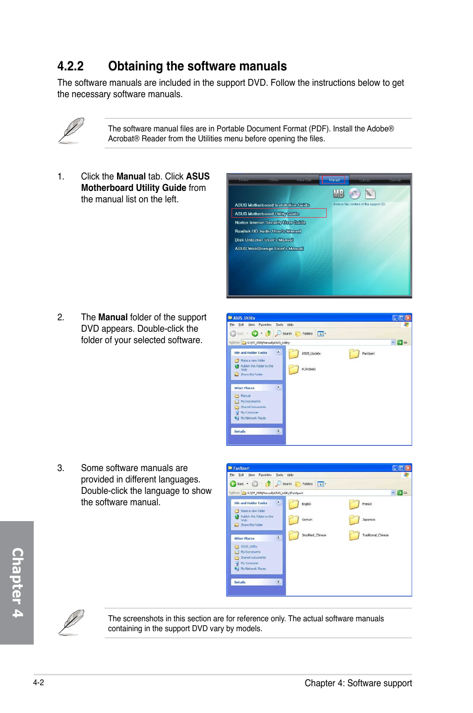 2 obtaining the software manuals, Obtaining the software manuals -2, Chapter 4 | Asus M5A97 LE R2.0 User Manual | Page 92 / 132