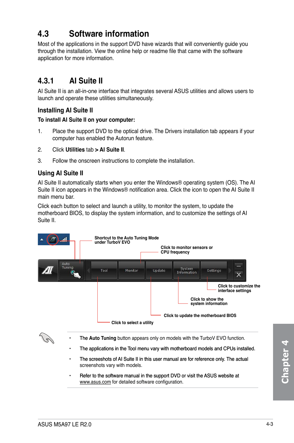 3 software information, 1 ai suite ii, Software information -3 4.3.1 | Ai suite ii -3, Chapter 4 4.3 software information | Asus M5A97 LE R2.0 User Manual | Page 93 / 132