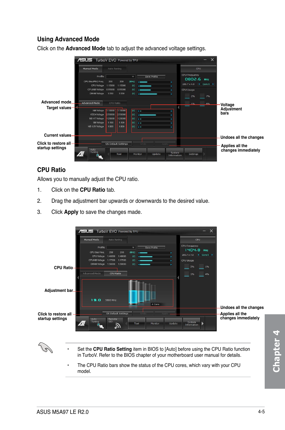 Chapter 4, Using advanced mode, Cpu ratio | Asus M5A97 LE R2.0 User Manual | Page 95 / 132