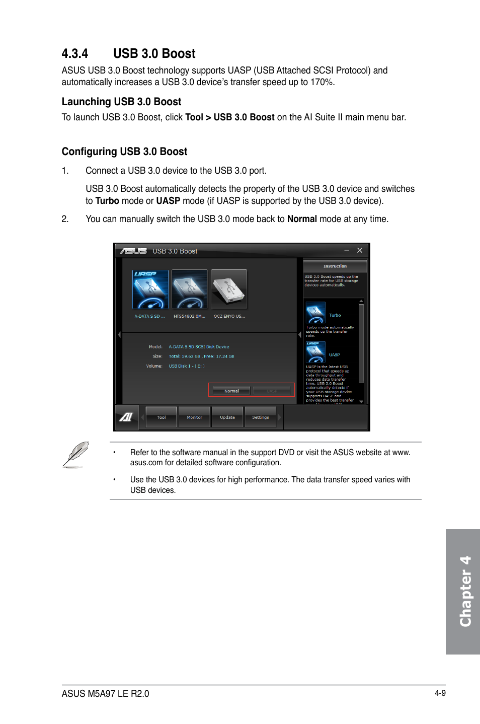 4 usb 3.0 boost, Usb 3.0 boost -9, Chapter 4 | Asus M5A97 LE R2.0 User Manual | Page 99 / 132