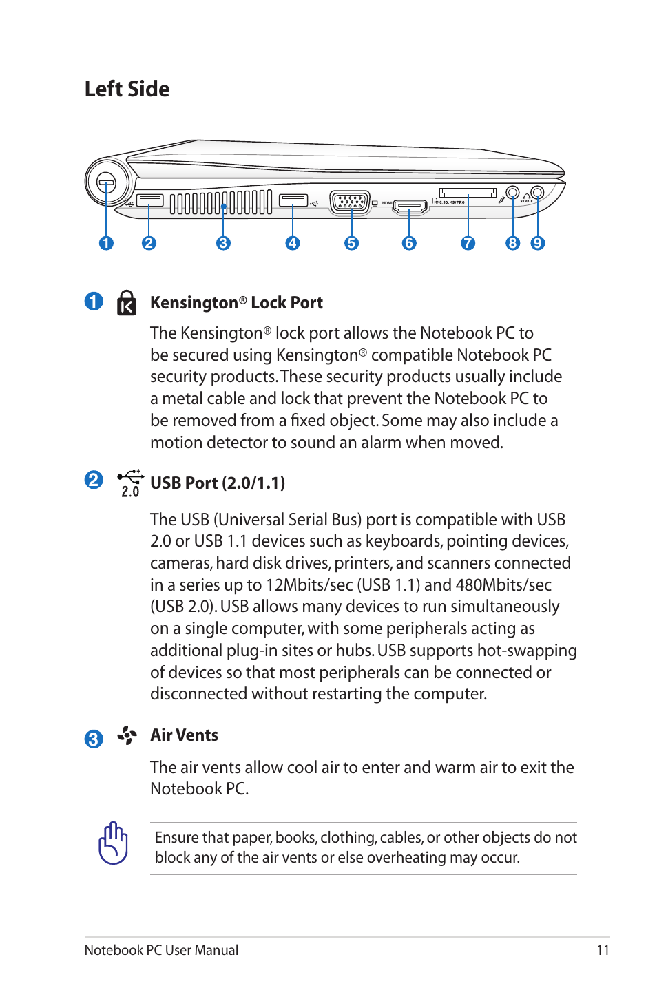 Left side | Asus U20A User Manual | Page 11 / 28