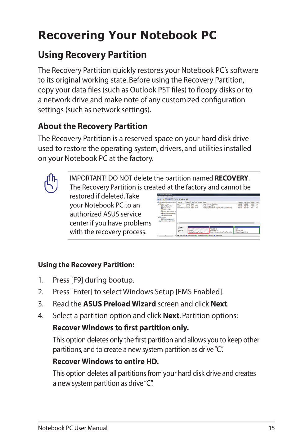 Recovering your notebook pc, Using recovery partition | Asus U20A User Manual | Page 15 / 28