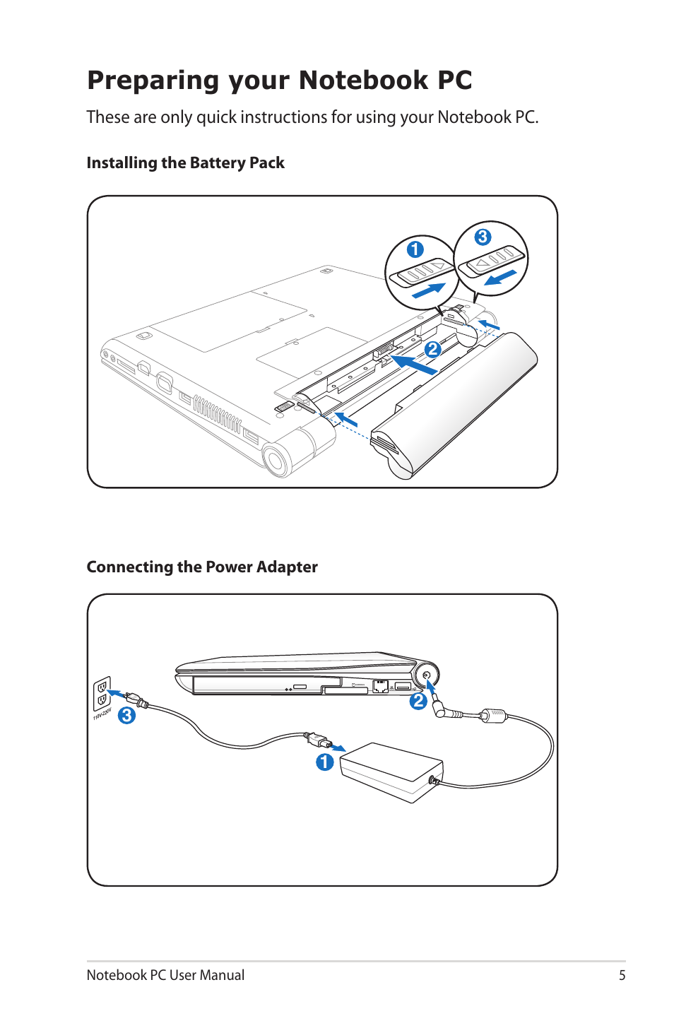 Preparing your notebook pc | Asus U20A User Manual | Page 5 / 28