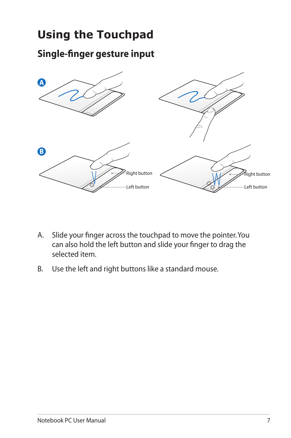 Using the touchpad, Single-finger gesture input | Asus U20A User Manual | Page 7 / 28