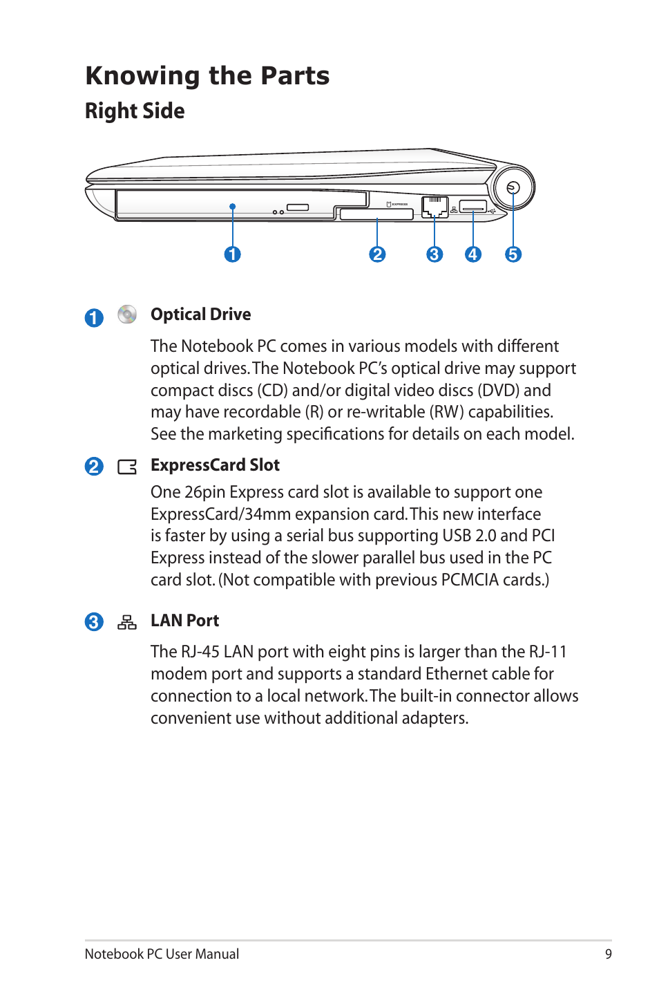 Knowing the parts, Right side | Asus U20A User Manual | Page 9 / 28
