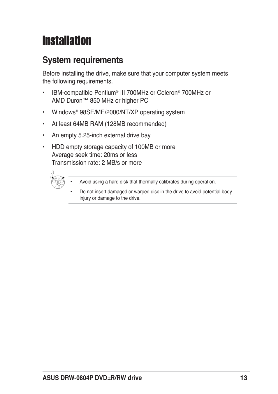 Installation, System requirements | Asus DRW-0804P User Manual | Page 13 / 46