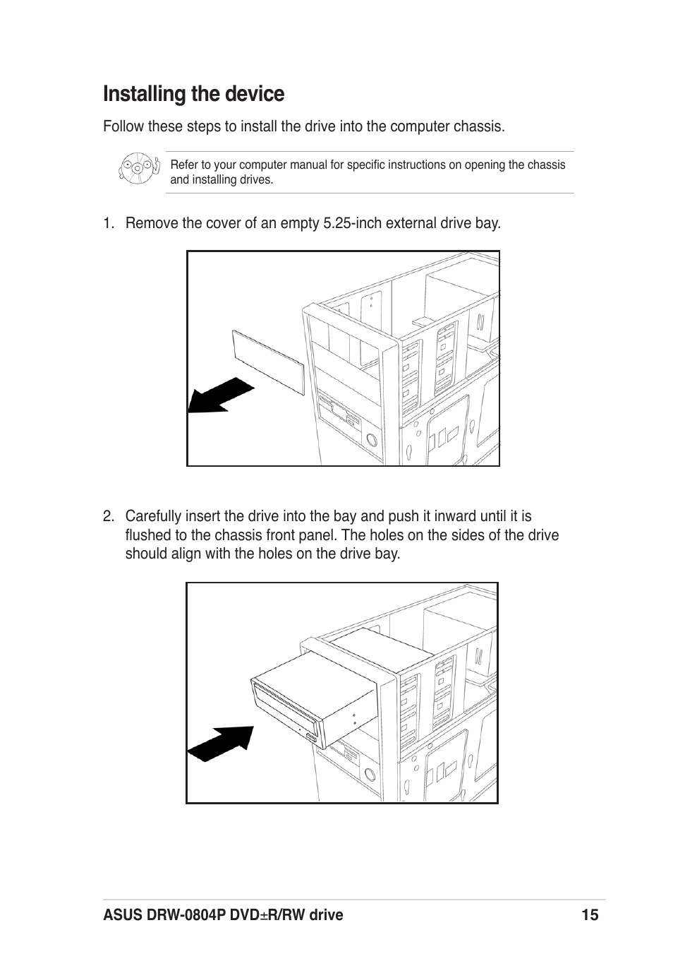 Installing the device | Asus DRW-0804P User Manual | Page 15 / 46