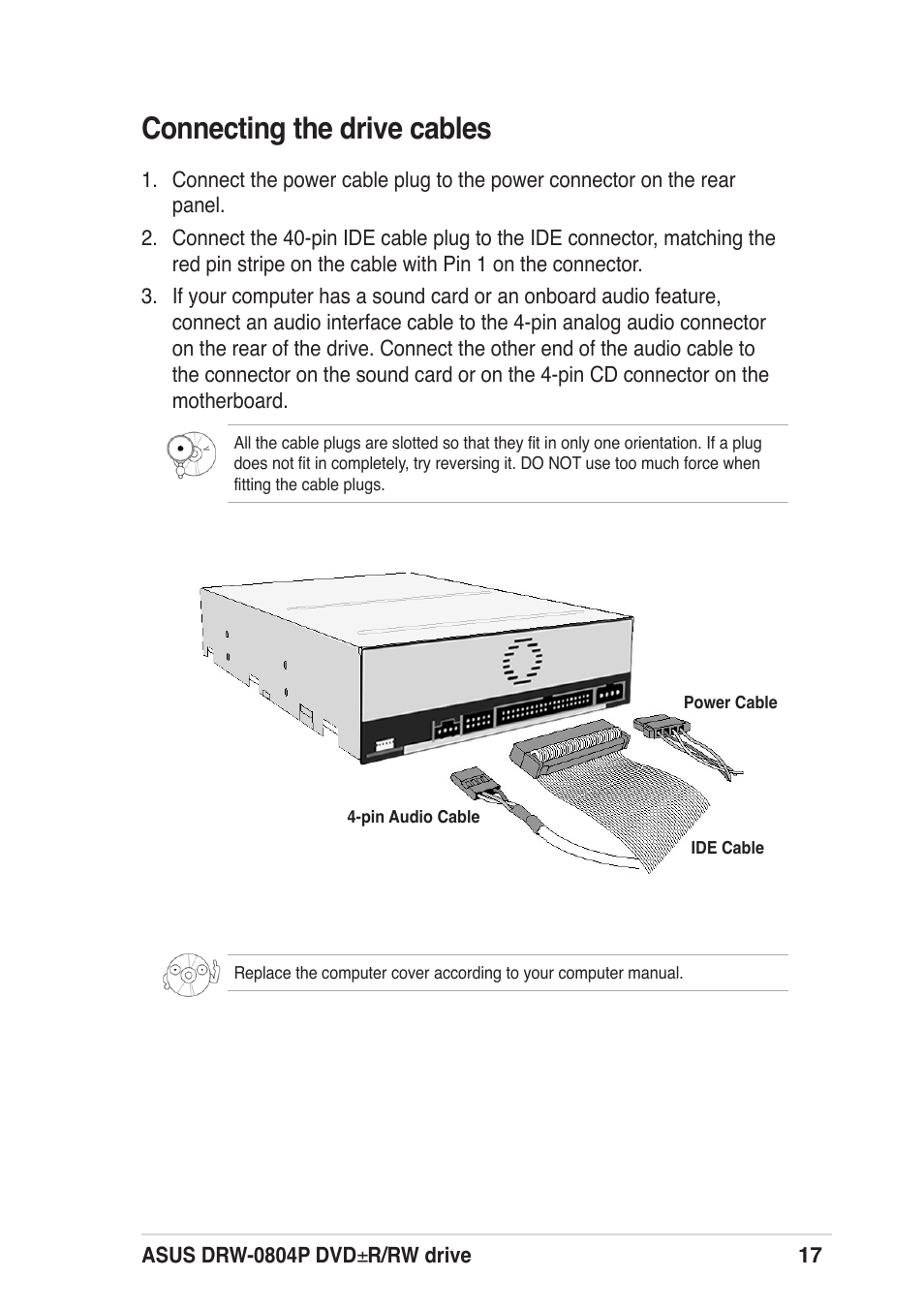 Connecting the drive cables | Asus DRW-0804P User Manual | Page 17 / 46