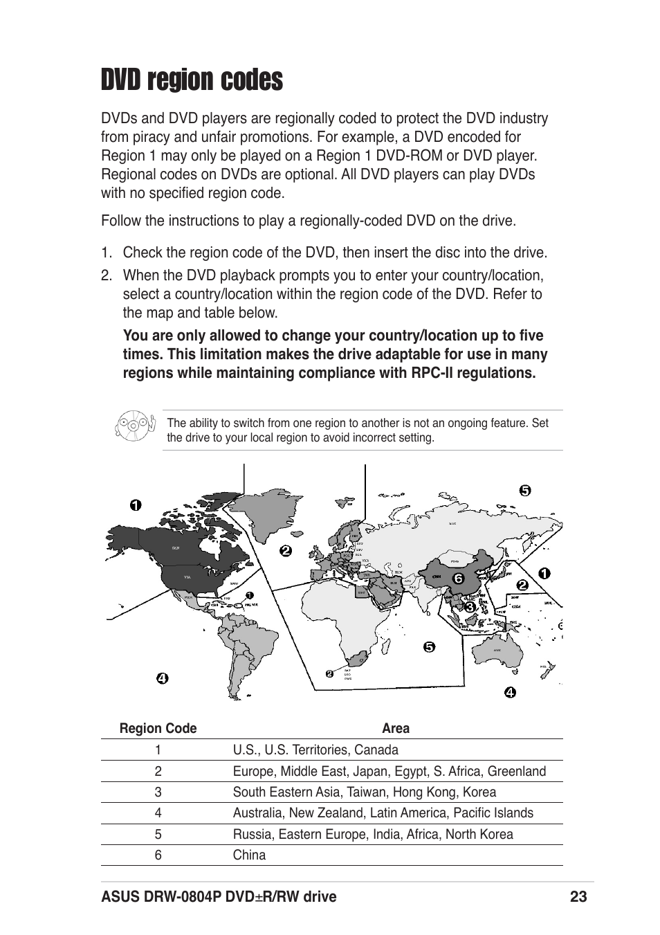 Dvd region codes | Asus DRW-0804P User Manual | Page 23 / 46