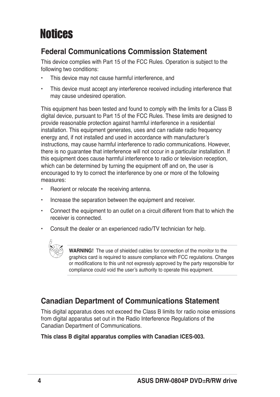 Notices, Federal communications commission statement, Canadian department of communications statement | Asus DRW-0804P User Manual | Page 4 / 46