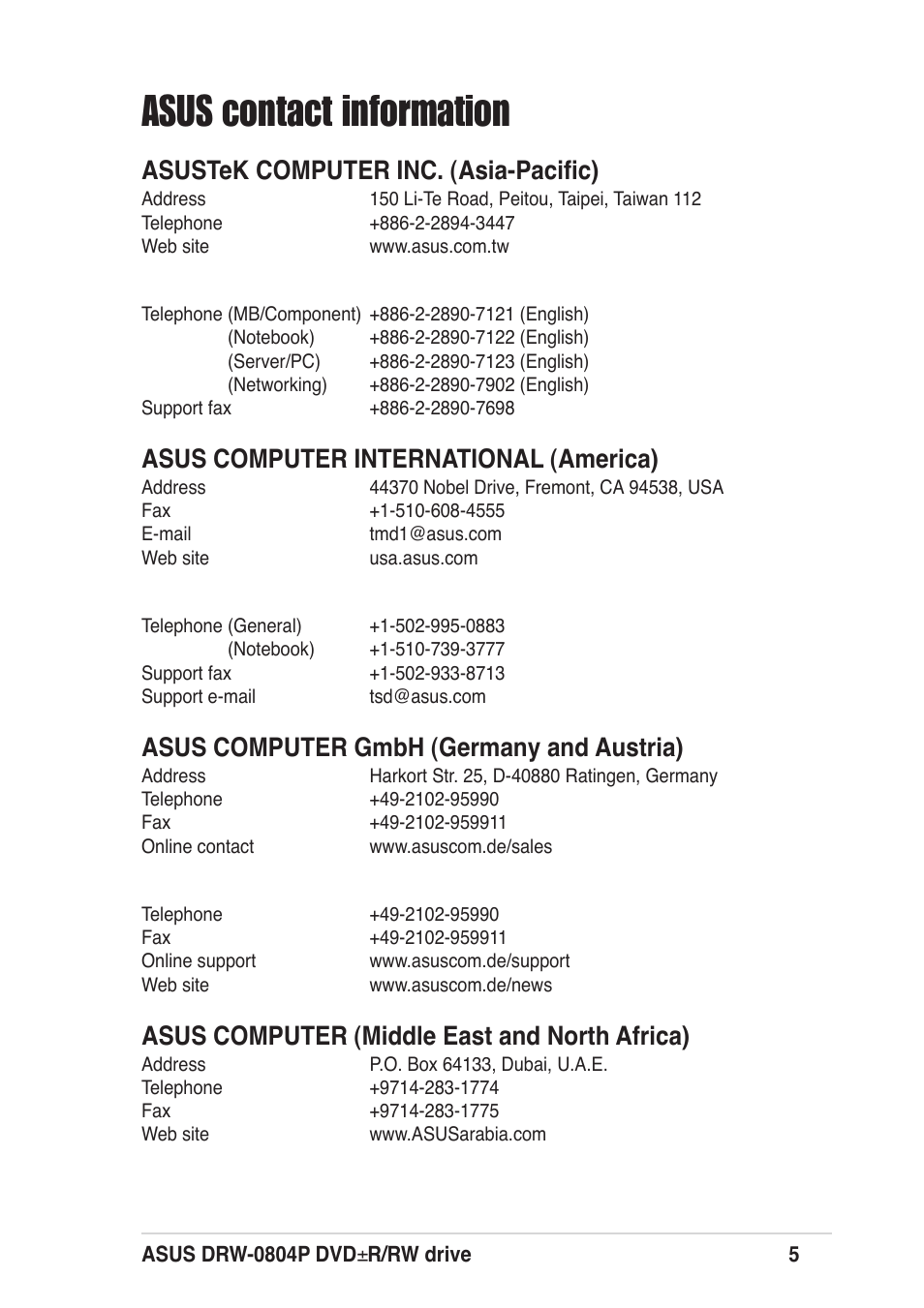 Asus contact information, Asustek computer inc. (asia-pacific), Asus computer international (america) | Asus computer gmbh (germany and austria), Asus computer (middle east and north africa) | Asus DRW-0804P User Manual | Page 5 / 46