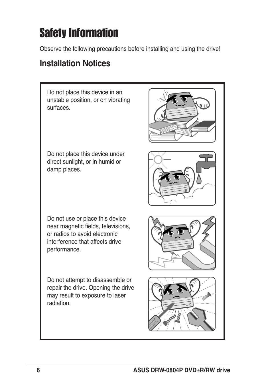 Safety information, Installation notices | Asus DRW-0804P User Manual | Page 6 / 46