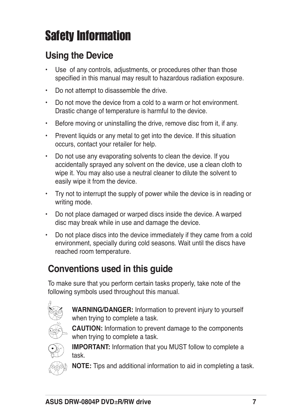 Safety information, Using the device, Conventions used in this guide | Asus DRW-0804P User Manual | Page 7 / 46