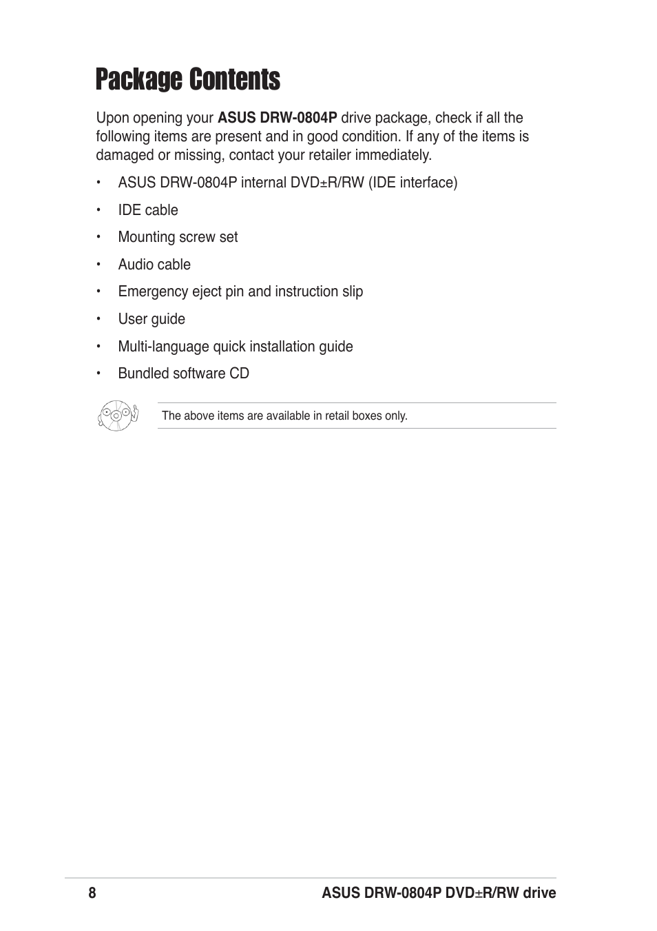 Package contents | Asus DRW-0804P User Manual | Page 8 / 46