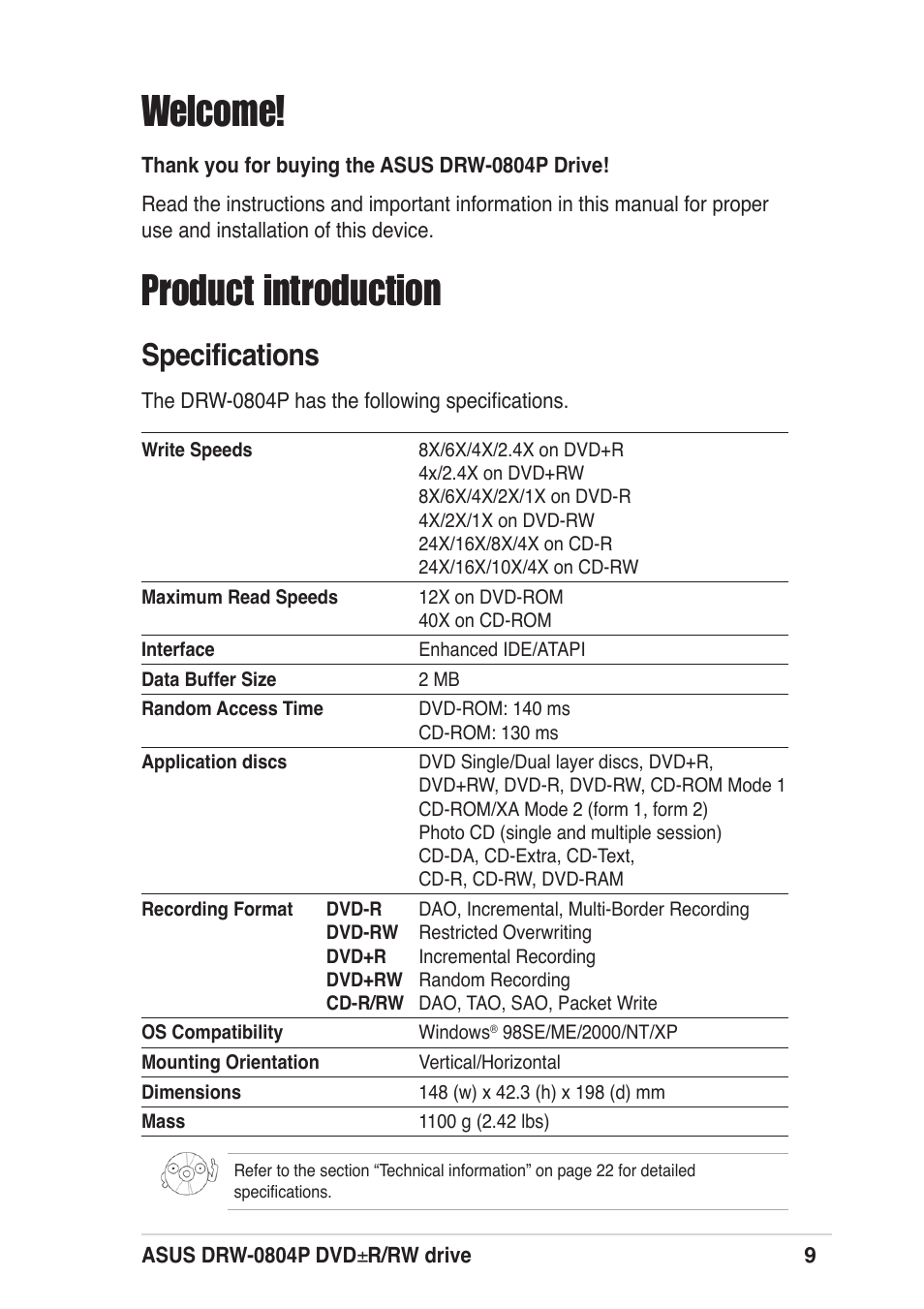 Welcome, Product introduction, Specifications | Asus DRW-0804P User Manual | Page 9 / 46