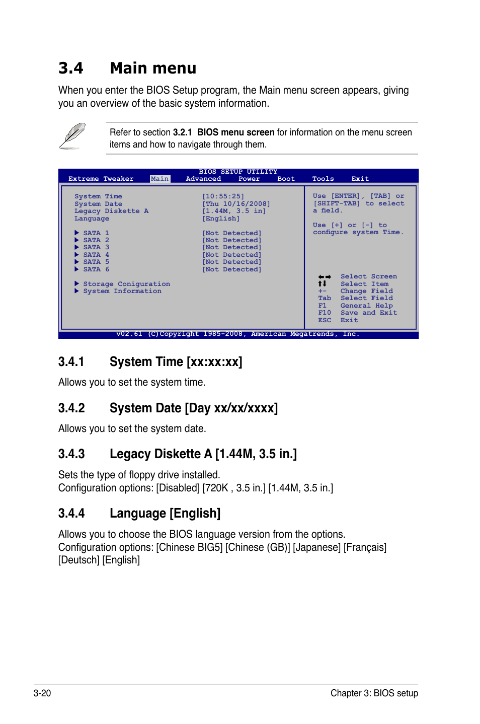 4 main menu, 1 system time [xx:xx:xx, 2 system date [day xx/xx/xxxx | 3 legacy diskette a [1.44m, 3.5 in, 4 language [english, Main menu -20 3.4.1, System time -20, System date -20, Legacy diskette a -20, Language -20 | Asus Rampage II Extreme User Manual | Page 102 / 196