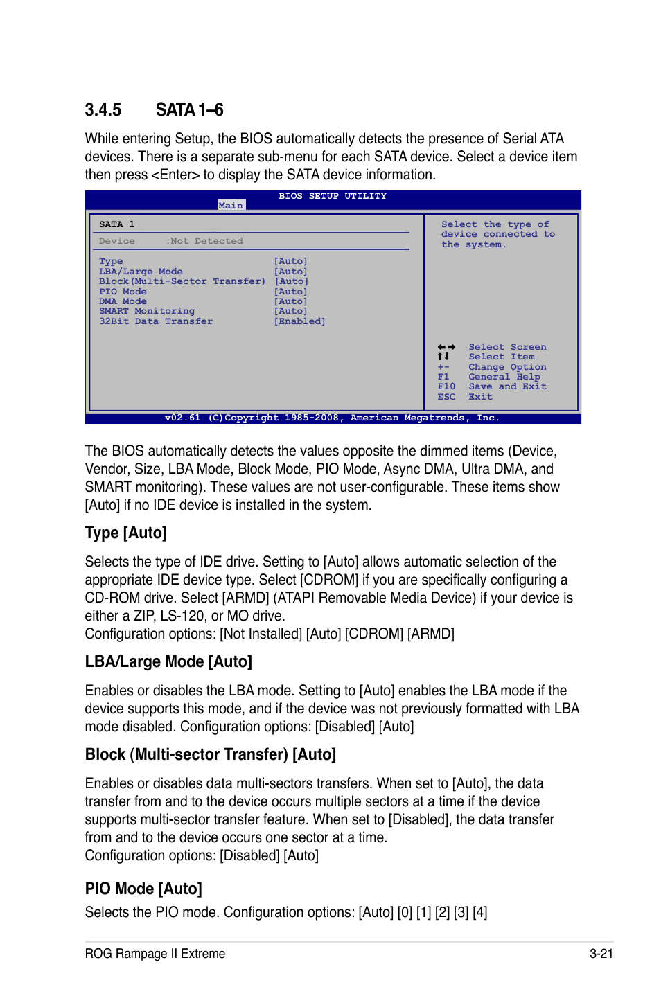 5 sata 1–6, Sata 1–6 -21, Type [auto | Lba/large mode [auto, Block (multi-sector transfer) [auto, Pio mode [auto | Asus Rampage II Extreme User Manual | Page 103 / 196