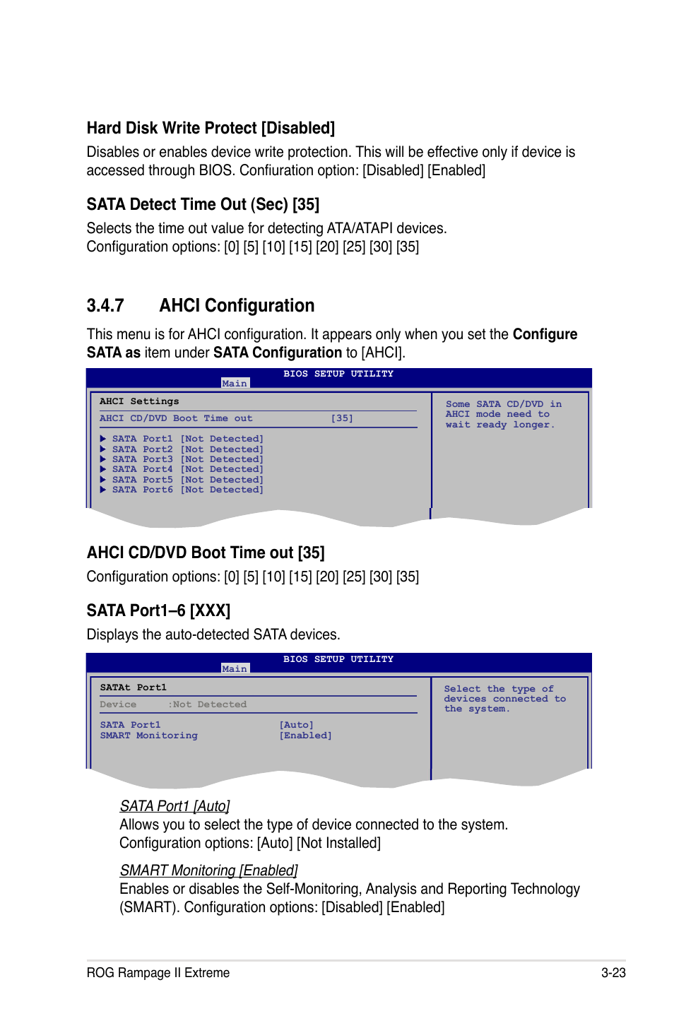 7 ahci configuration, Ahci configuration -23, Hard disk write protect [disabled | Sata detect time out (sec) [35, Ahci cd/dvd boot time out [35, Sata port1–6 [xxx, Displays the auto-detected sata devices | Asus Rampage II Extreme User Manual | Page 105 / 196