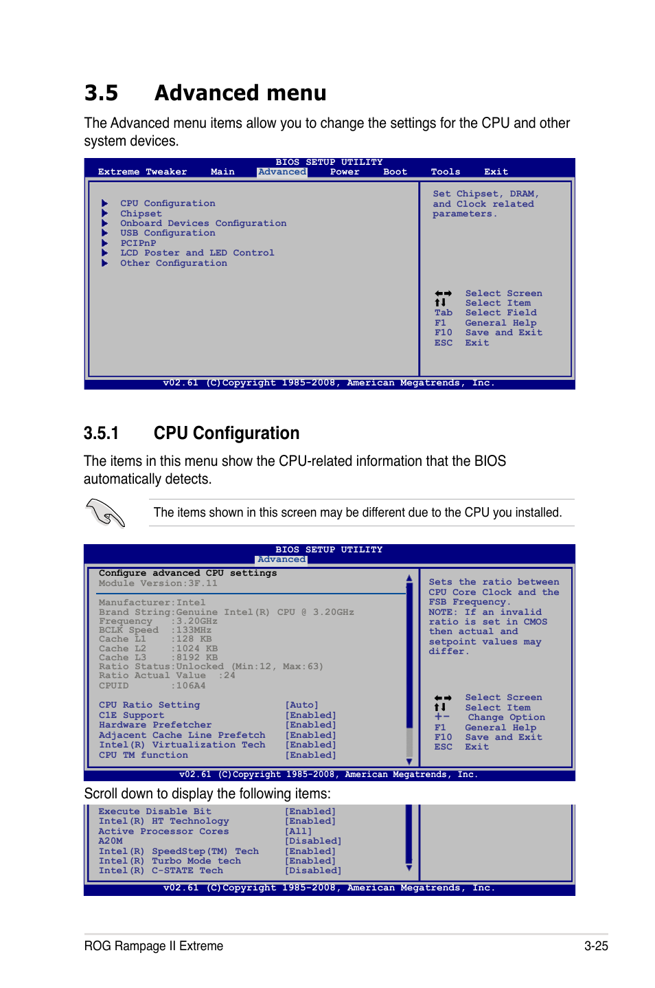 5 advanced menu, 1 cpu configuration, Advanced menu -25 3.5.1 | Cpu configuration -25, Scroll down to display the following items, Rog rampage ii extreme 3-25 | Asus Rampage II Extreme User Manual | Page 107 / 196