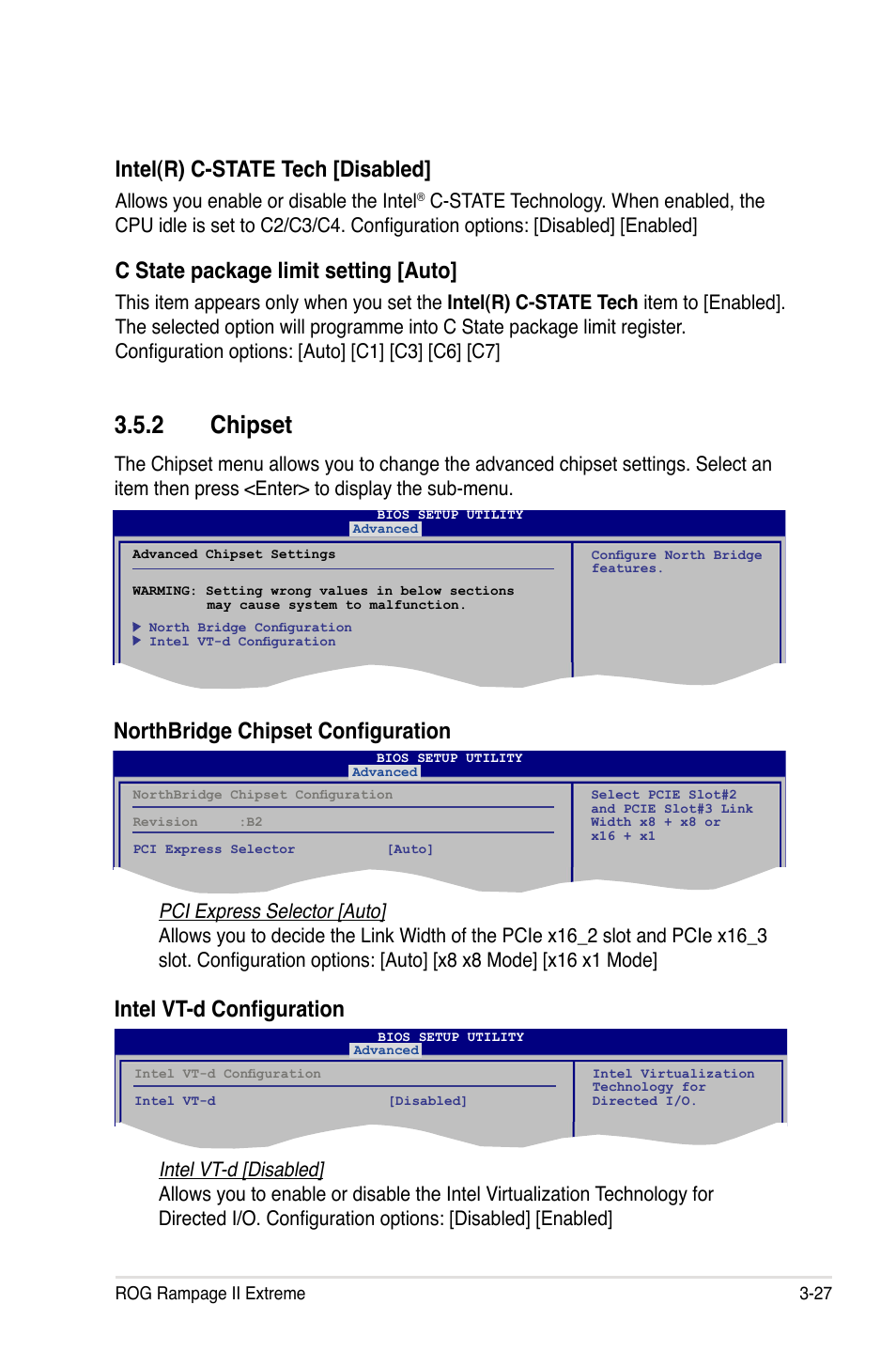 2 chipset, Chipset -27, Intel(r) c-state tech [disabled | C state package limit setting [auto, Northbridge chipset configuration, Intel vt-d configuration, Allows you enable or disable the intel | Asus Rampage II Extreme User Manual | Page 109 / 196
