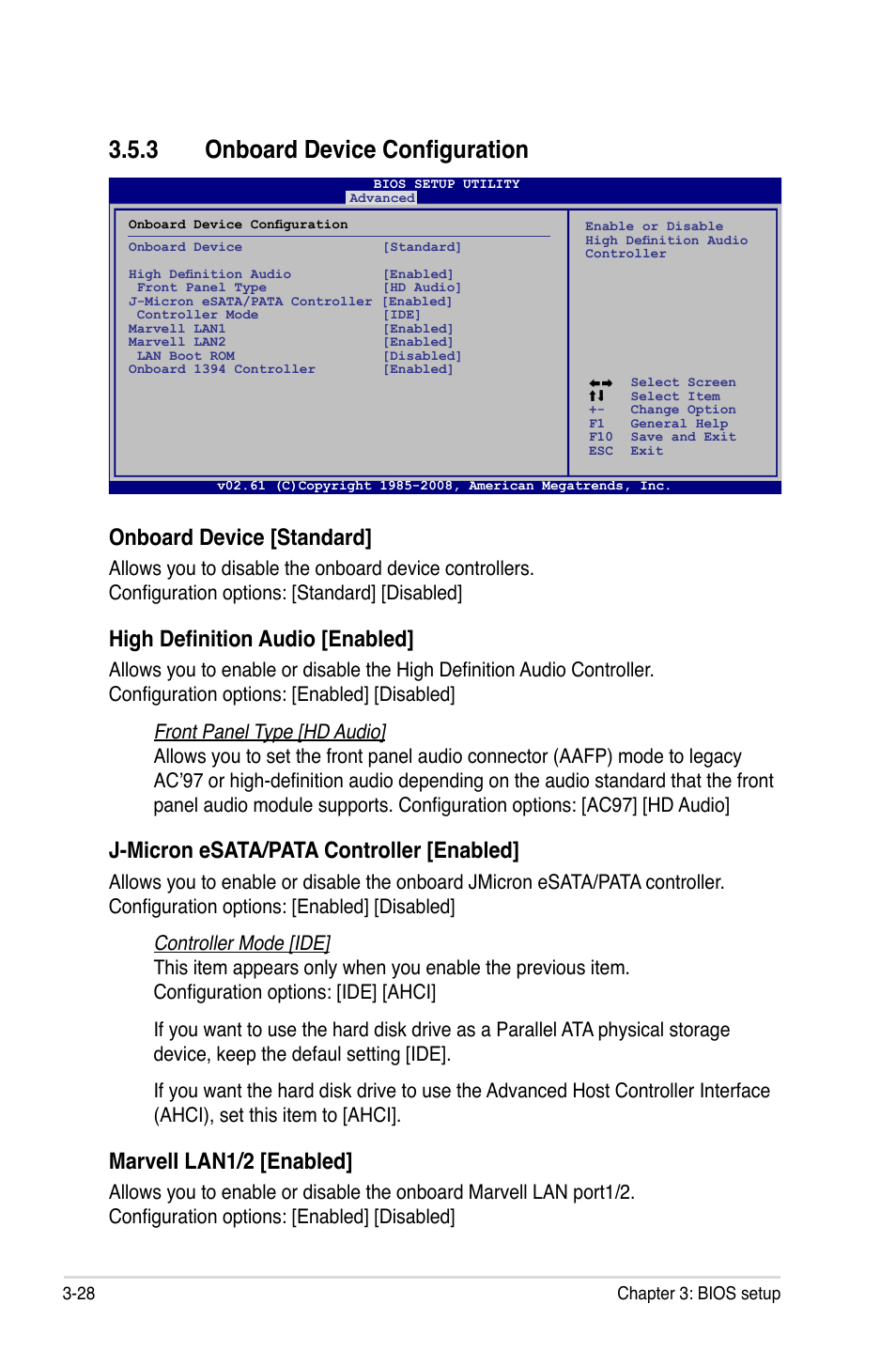 3 onboard device configuration, Onboard device configuration -28, Onboard device [standard | High definition audio [enabled, J-micron esata/pata controller [enabled, Marveli lan1/2 [enabled | Asus Rampage II Extreme User Manual | Page 110 / 196