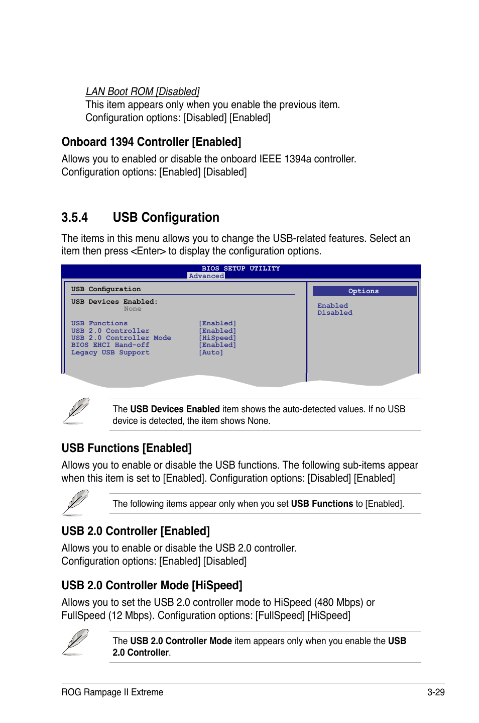 4 usb configuration, Usb configuration -29, Onboard 1394 controller [enabled | Usb functions [enabled, Usb 2.0 controller [enabled, Usb 2.0 controller mode [hispeed | Asus Rampage II Extreme User Manual | Page 111 / 196