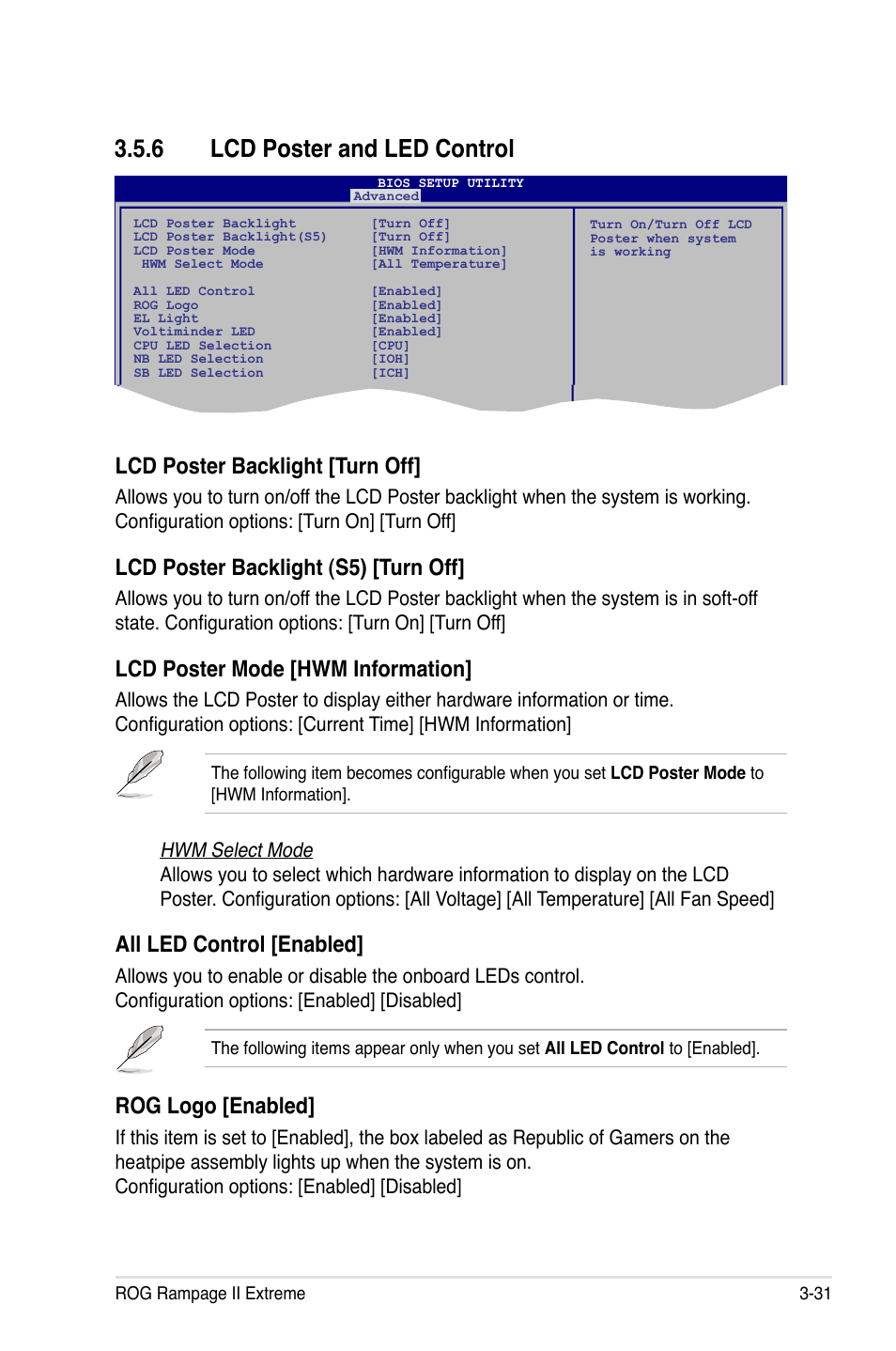 6 lcd poster and led control, Lcd poster and led control -31, Lcd poster backlight [turn off | Lcd poster backlight (s5) [turn off, Lcd poster mode [hwm information, All led control [enabled, Rog logo [enabled | Asus Rampage II Extreme User Manual | Page 113 / 196