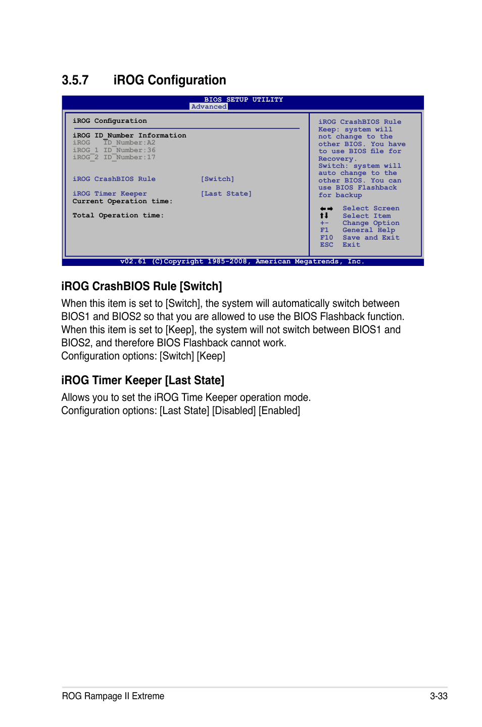 7 irog configuration, Irog configuration -33, Irog crashbios rule [switch | Irog timer keeper [last state | Asus Rampage II Extreme User Manual | Page 115 / 196