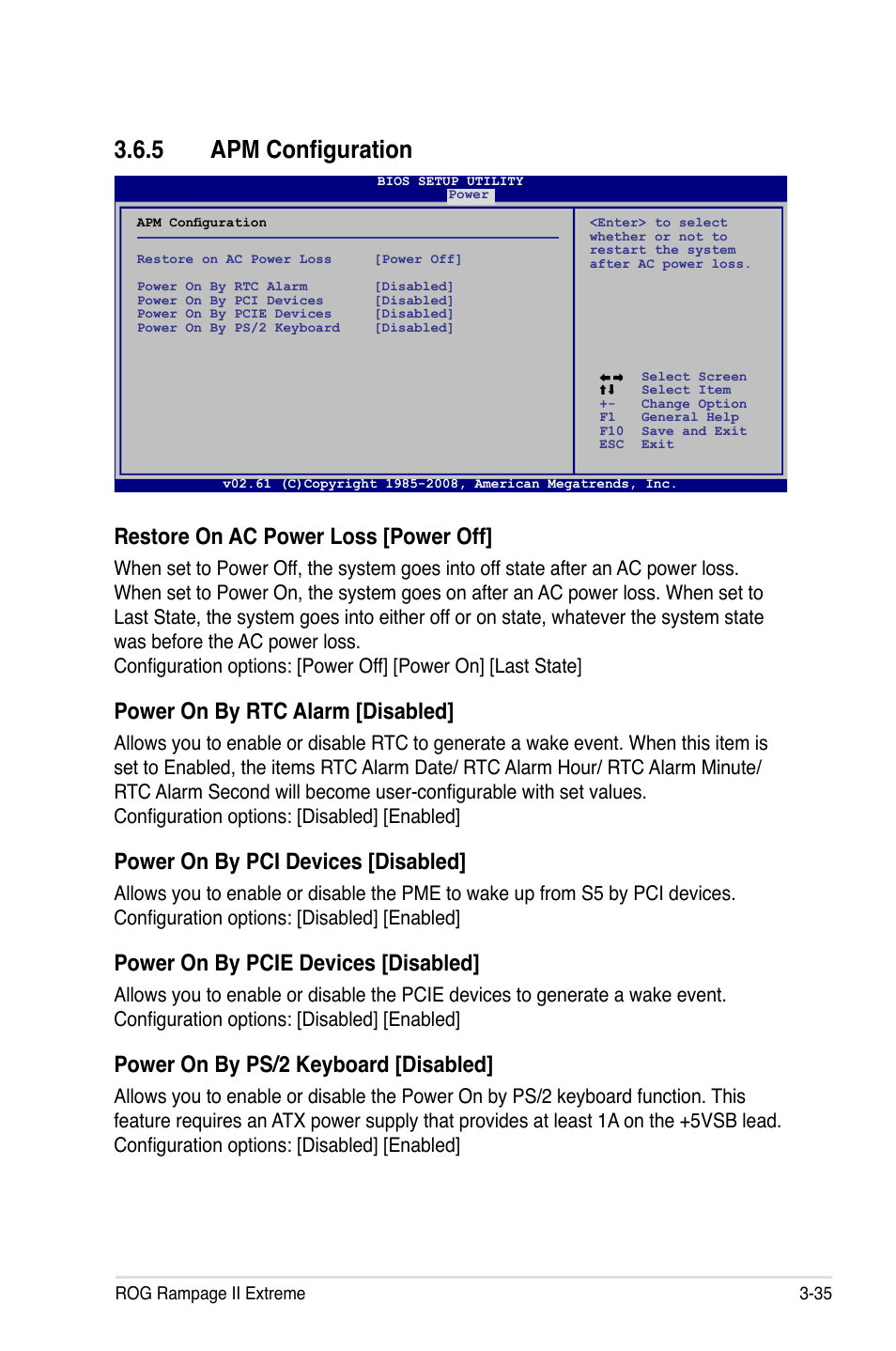 5 apm configuration, Apm configuration -35, Restore on ac power loss [power off | Power on by rtc alarm [disabled, Power on by pci devices [disabled, Power on by pcie devices [disabled, Power on by ps/2 keyboard [disabled | Asus Rampage II Extreme User Manual | Page 117 / 196