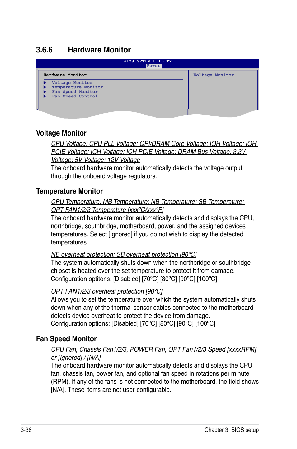 6 hardware monitor, Hardware monitor -36, Voltage monitor | Temperature monitor, Fan speed monitor | Asus Rampage II Extreme User Manual | Page 118 / 196