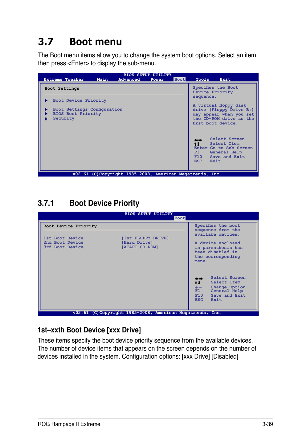 7 boot menu, 1 boot device priority, Boot menu -39 3.7.1 | Boot device priority -39, 1st–xxth boot device [xxx drive | Asus Rampage II Extreme User Manual | Page 121 / 196