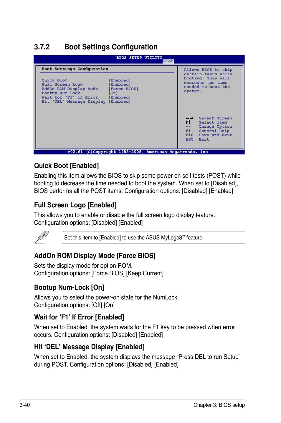 2 boot settings configuration, Boot settings configuration -40, Quick boot [enabled | Full screen logo [enabled, Addon rom display mode [force bios, Bootup num-lock [on, Wait for ‘f1’ if error [enabled, Hit ‘del’ message display [enabled | Asus Rampage II Extreme User Manual | Page 122 / 196