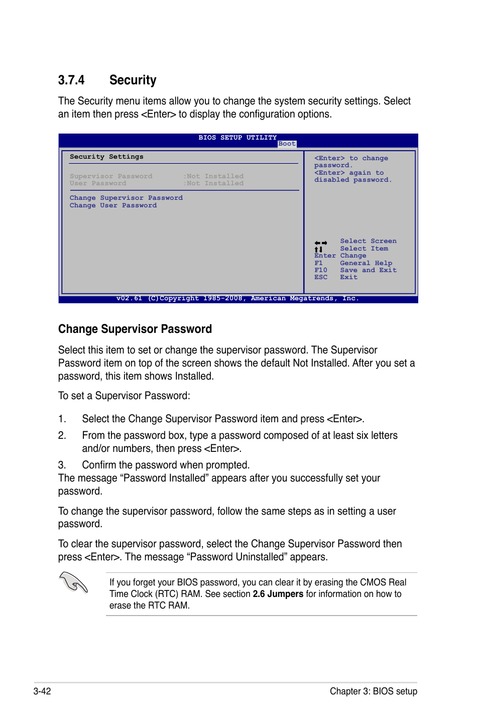 4 security, Security -42, Change supervisor password | Asus Rampage II Extreme User Manual | Page 124 / 196