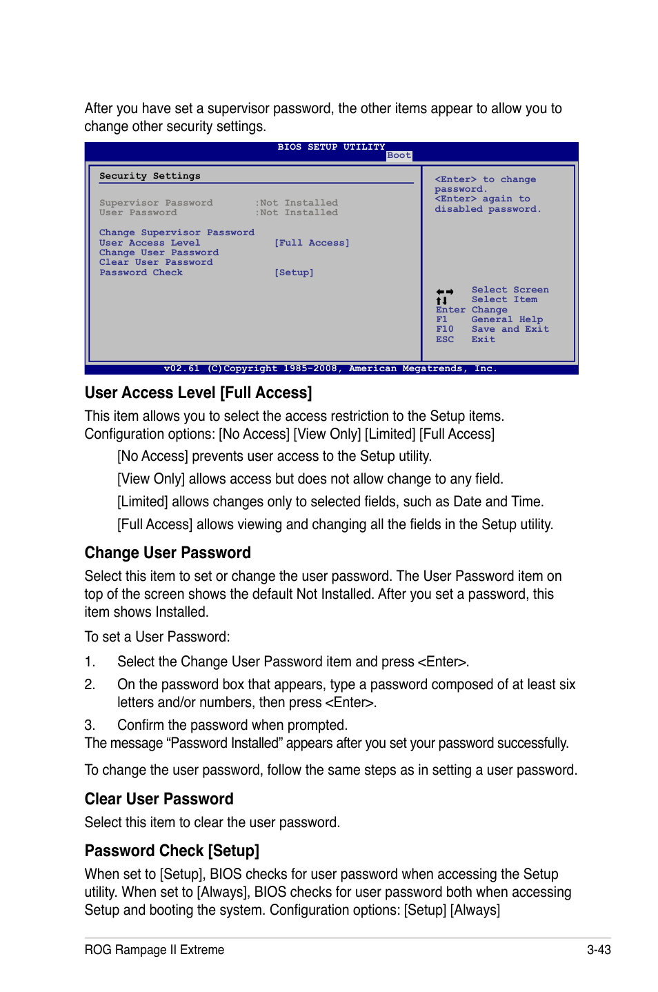 User access level [full access, Change user password, Clear user password | Password check [setup, Select this item to clear the user password | Asus Rampage II Extreme User Manual | Page 125 / 196