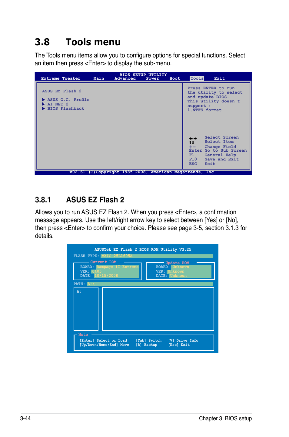 8 tools menu, 1 asus ez flash 2, Tools menu -44 3.8.1 | Asus ez flash 2 -44 | Asus Rampage II Extreme User Manual | Page 126 / 196