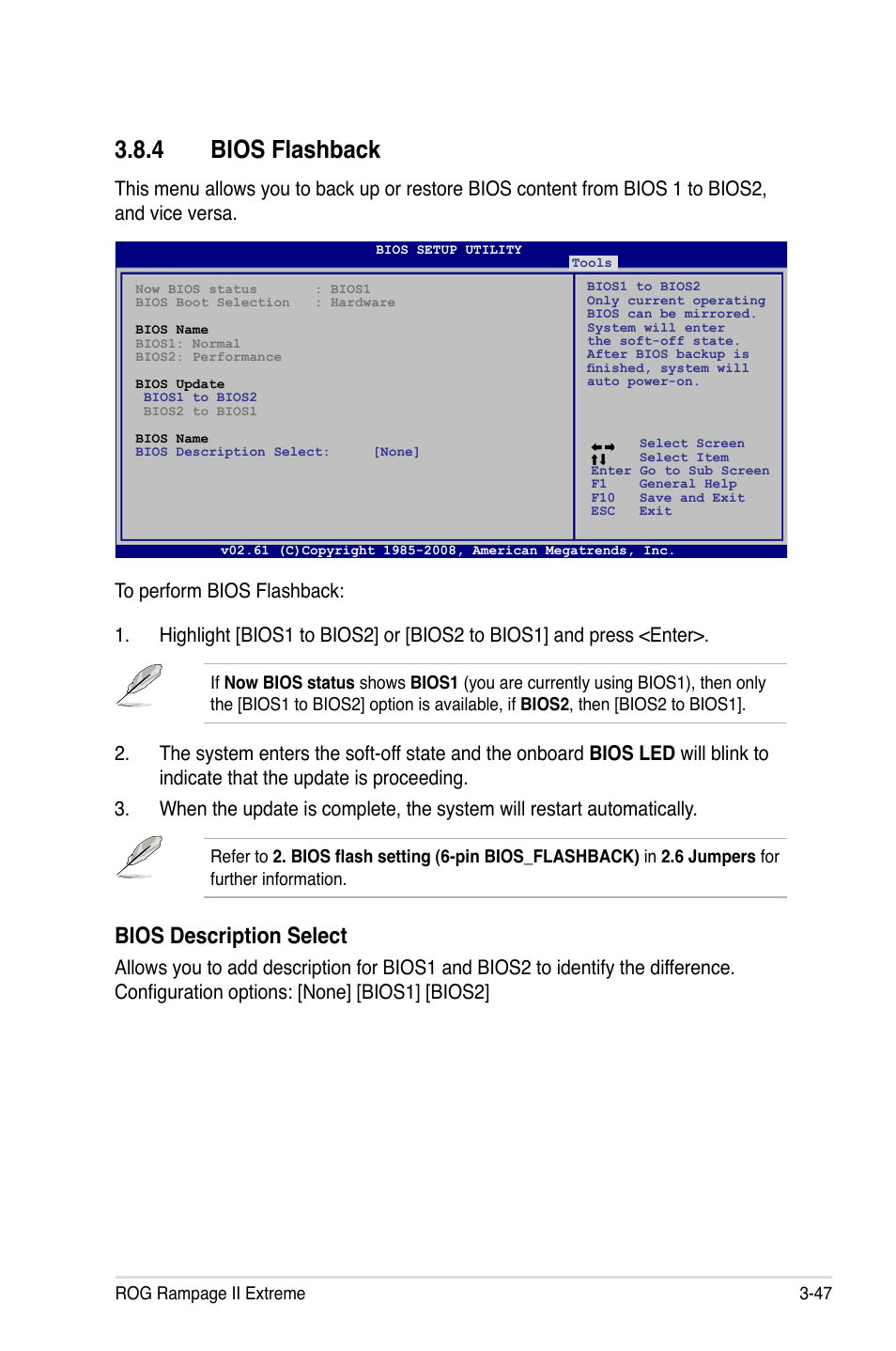 4 bios flashback, Bios flashback -47, Bios description select | Asus Rampage II Extreme User Manual | Page 129 / 196