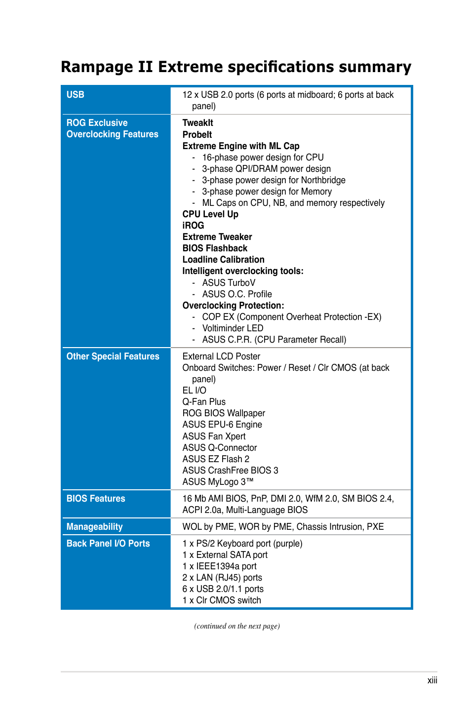 Rampage ii extreme specifications summary | Asus Rampage II Extreme User Manual | Page 13 / 196