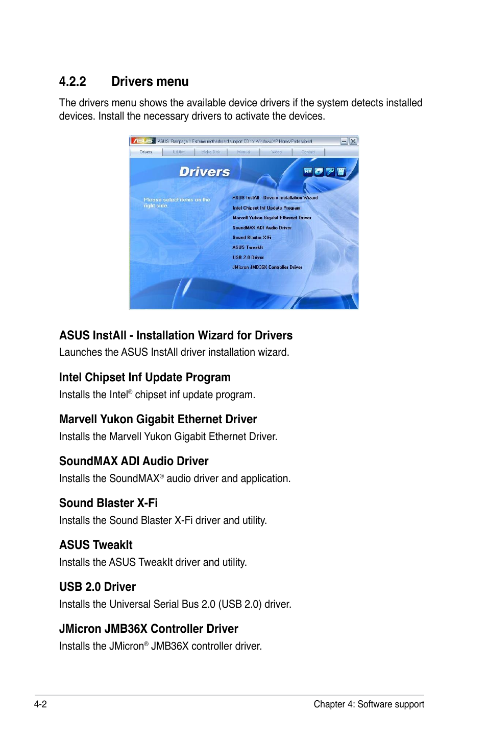 2 drivers menu, Drivers menu -2 | Asus Rampage II Extreme User Manual | Page 134 / 196